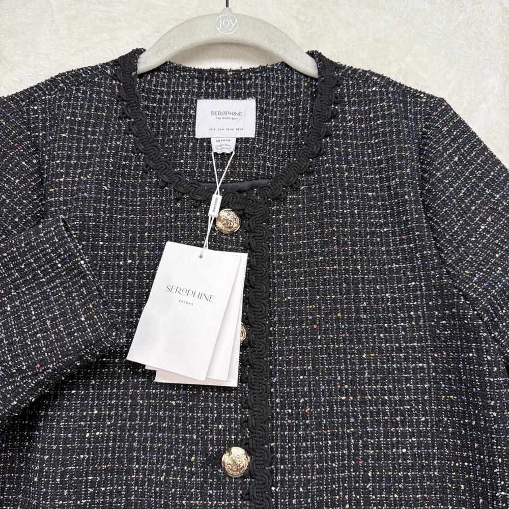 Seraphine Jacket Women's 4 Cropped Tweed Gold Button Black NWT